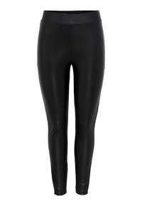 Black leggings with a smooth, shiny texture, featuring a wide elastic waistband and a slim fit extending to the ankles.
