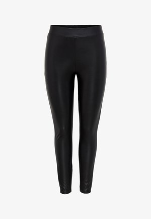 Schwarze Leggings mit einer glatten, glänzenden Textur, ausgestattet mit einem breiten, elastischen Bund und einer schmalen Passform, die bis zu den Knöcheln reicht.