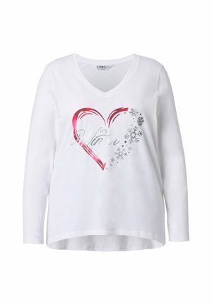 Maglietta bianca a maniche lunghe con scollo a V, caratterizzata da una grafica a cuore rosa, testo argentato "It's Winter" e accenti a forma di fiocco di neve. Realizzata in morbido cotone.