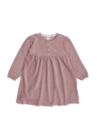 Rosa Corduroykleid mit langen Ärmeln, rundem Halsausschnitt und einer Knopfleiste mit drei Knöpfen. Es verfügt über eine geraffte Taille und eine weiche Textur.