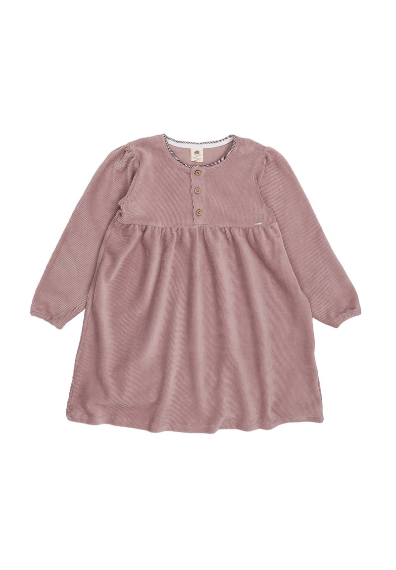 Rosa Corduroykleid mit langen Ärmeln, rundem Halsausschnitt und einer Knopfleiste mit drei Knöpfen. Es verfügt über eine geraffte Taille und eine weiche Textur.