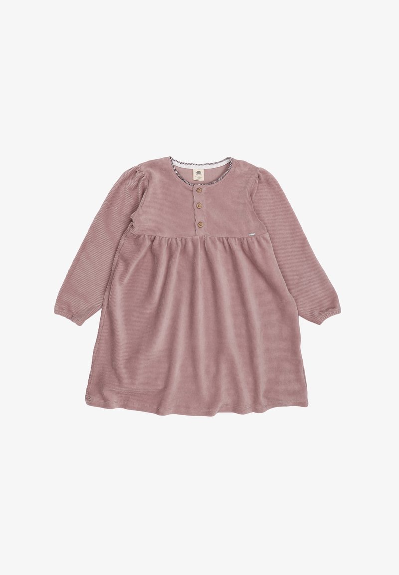 Rosa Corduroykleid mit langen Ärmeln, rundem Halsausschnitt und einer Knopfleiste mit drei Knöpfen. Es verfügt über eine geraffte Taille und eine weiche Textur.