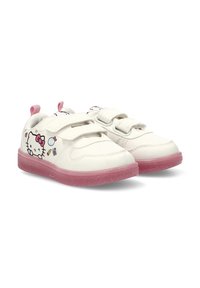 Zapatillas sintéticas blancas con suela salpicada de rosa, que cuentan con correas de gancho y bucle y diseños del personaje Hello Kitty en el costado.