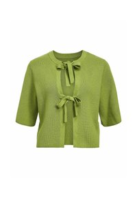 Cardigan vert à manches courtes avec une texture côtelée, ouverture sur le devant et deux liens de fermeture au niveau du cou. Design élégant, simple et léger.