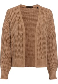 Beige stickad cardigan med öppen framsidan, långa ärmar, ribbad manschett och nederkant. Texturerat mönster genomgående, med en avslappnad silhuett.