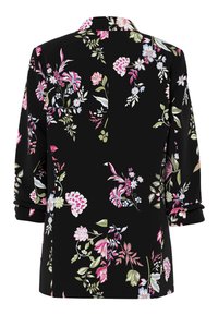 Blazer noir à manches longues avec des motifs floraux roses, blancs et verts et un col plié, vu de dos.