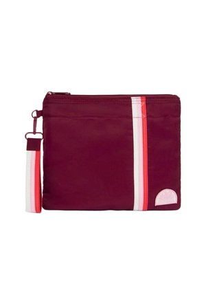 Astuccio bordeaux con cerniera, strisce verticali bianche e rosa, cinturino da polso coordinato e una piccola etichetta con logo nell'angolo in basso a destra.