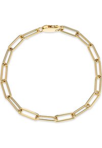 Goldfarbener Metallarmband mit verlängerten Gliedern und einem sicheren Verschluss, der eine glatte Oberfläche und eine polierte Textur aufweist.