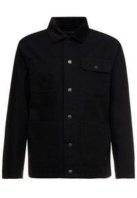 Czarna kurtka wykonana z wytrzymałej tkaniny, z kołnierzem, przednimi guzikami, dwoma dużymi kieszeniami i prostym krojem o minimalistycznym designie.