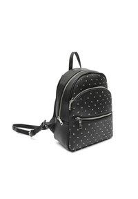 Black faux leather backpack with two zippered compartments, studded accents on the front, and adjustable shoulder straps.