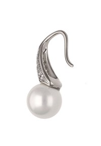Orecchino d'argento con design a gancio curvo, impreziosito da una perla bianca e accentuato da piccoli gemme trasparenti lungo un lato.
