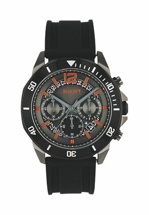 Schwarze und graue Joop! Chronograph-Uhr mit orangen Akzenten, drei Hilfszifferblättern, Datumsfenster, drehbarer Lünette und schwarzem Silikonarmband.