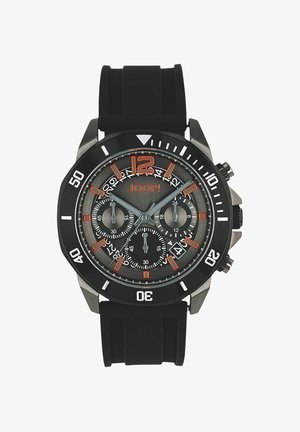 Schwarze und graue Joop! Chronograph-Uhr mit orangen Akzenten, drei Hilfszifferblättern, Datumsfenster, drehbarer Lünette und schwarzem Silikonarmband.