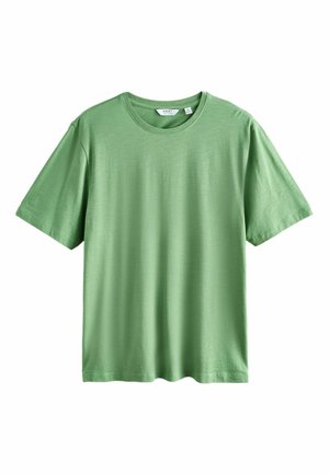 Prosty zielony bawełniany T-shirt z krótkim rękawem i okrągłym dekoltem, w rozmiarze średnim, pokazany na płasko na białym tle.