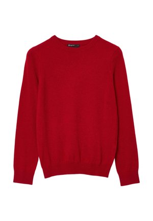 Maglione rosso lavorato a maglia con scollo rotondo, maniche lunghe e polsini e orlo a coste. Realizzato in tessuto morbido con una texture liscia.