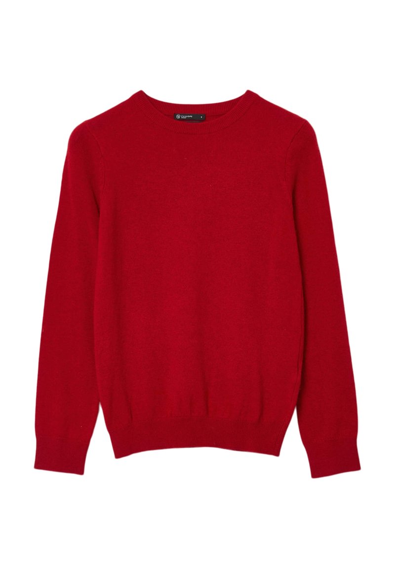 Roter Strickpullover mit Rundhalsausschnitt, langen Ärmeln und gerippten Bündchen und Saum. Hergestellt aus weichem Stoff mit glatter Textur.