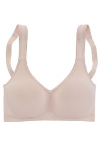 Hellbeige BH mit V-Ausschnitt-Design. Hergestellt aus glattem Stoff, verfügt er über breite verstellbare Träger und nahtlose Cups für zusätzlichen Komfort.