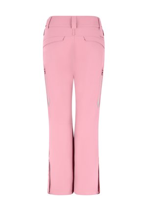 Rosa Skihosen mit geradem Bein, Reißverschlusstaschen und seitlichen Schlitzen am Saum für Belüftung und Bewegungsfreiheit.
