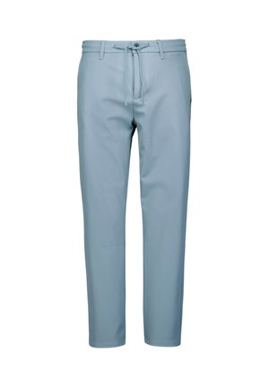 Pantalons bleu clair en tissu lisse, dotés d'une taille à cordon de serrage, de jambes fuselées et d'un design minimaliste sans motifs visibles.