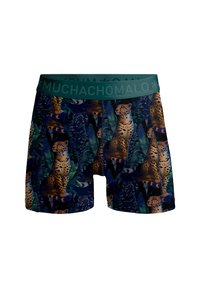 Pánske boxerky v tmavomodrej farbe s vzorom jaguára a lístkov. Majú zelený elastický pás s textom "MUCHACHO MALO". Mäkkučká látka.