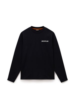 Schwarzes, langärmeliges Rundhals-Shirt mit weißem "NAPAPIJRI"-Logo auf der linken Brust und orangefarbenem Detail im Krageninnenteil.
