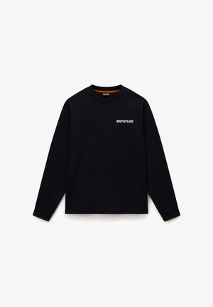Maglietta nera a maniche lunghe con scollo rotondo, logo bianco "NAPAPIJRI" sul petto sinistro e dettaglio arancione all'interno del colletto.