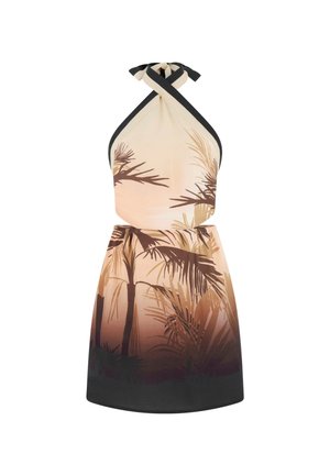 Mouwloze halterjurk met zwarte bies, met een verloopbruin patroon van palmbladeren van lichtbeige bovenkant tot donkerbruine rok.