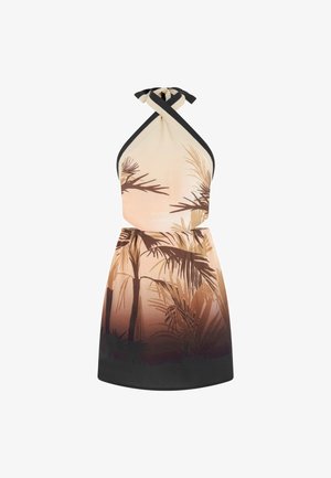 Mouwloze halterjurk met zwarte bies, met een verloopbruin patroon van palmbladeren van lichtbeige bovenkant tot donkerbruine rok.