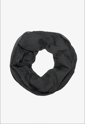 Schwarzer Infinity-Schal aus leichtem, strukturiertem Stoff, mit einem weichen Fall und einer nahtlosen, kreisförmigen Form, ideal zum Schichten.