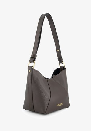 Dunkelbraune Lederhandtasche mit breitem, verstellbarem Schulterriemen, goldfarbenen Beschlägen und "VENEZIA" in Goldprägung auf der Vorderseite.
