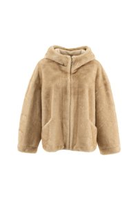 Giacca a hoodie in finto pelliccia beige con zip frontale, ampie tasche laterali e un cappuccio accogliente. Tessuto morbido con una vestibilità leggermente ampia.
