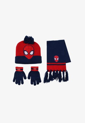 Spider-Man themaset van winteraccessoires, inclusief een rode en marineblauwe gebreide muts met een pompon, handschoenen met het personage logo en een geribbelde sjaal.