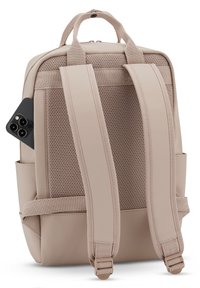 Beige backpack made of smooth material with mesh back panel, adjustable straps, and a side pocket holding a smartphone.