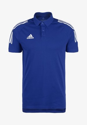 Blue Adidas polo shirt with white three-stripe accents on shoulders and Adidas logo on the left chest.