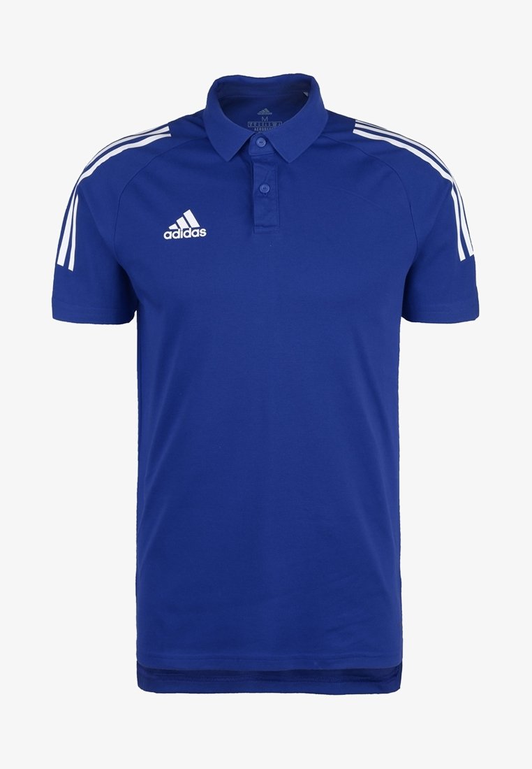 Polo bleu Adidas avec des accents blancs à trois bandes sur les épaules et le logo Adidas sur la poitrine gauche.