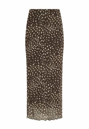 Falda midi marrón con manchas irregulares en beige claro y un dobladillo inferior ligeramente transparente con detalles de borde ondulado.