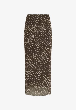 Brauner Midirock mit hellbeigen, unregelmäßigen Flecken und einem leicht transparenten unteren Saum mit wellenförmigen Kanten.