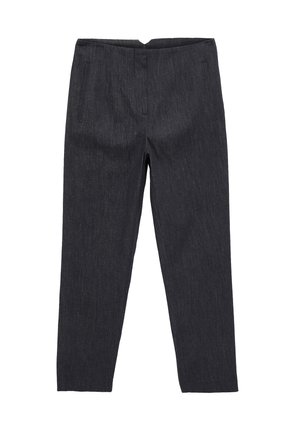 Pantalon gris foncé coupe slim avec devant plat, poches latérales et design à jambes droites sur fond blanc.