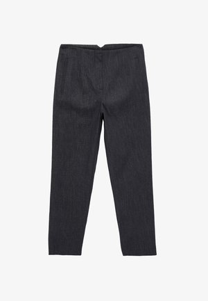 Mørkegrå slim-fit bukser med flad front, sidelommer og et lige ben-design på en hvid baggrund.