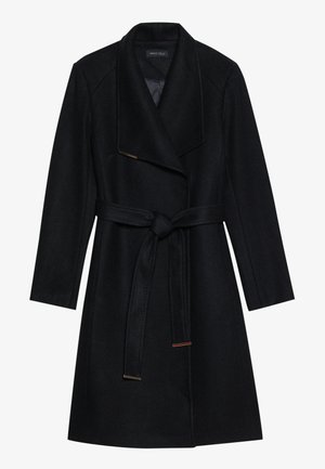 Manteau en laine noir mélangé avec un large col, taille ceinturée, et coupe droite, présentant des accents dorés et cuivrés aux extrémités de la ceinture.