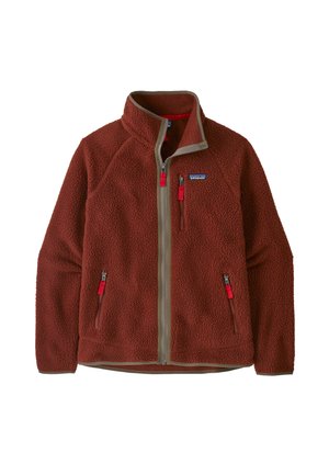 Giacca in pile rossa con superficie texture, colletto alto, zip beige a contrasto e tasche con zip con dettagli rossi.