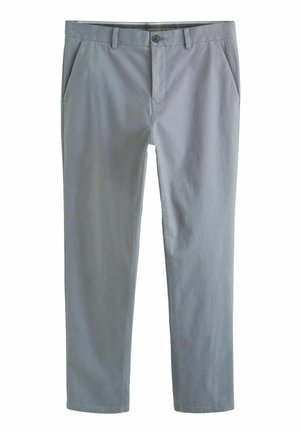 Chinos de color gris claro con una suave mezcla de algodón, que cuentan con un cierre de botón, dos bolsillos frontales y un diseño de pierna tapered.