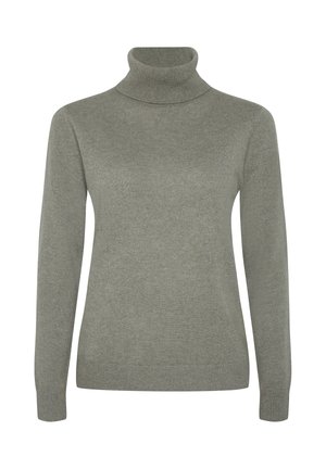 Hellgrauer gestrickter Langarmrollkragenpullover mit einer figurbetonten Silhouette sowie gerippten Bündchen und Kragen.