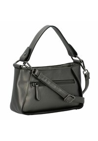 Bolso de mano de cuero sintético negro con un diseño estructurado, asa corta, correa de hombro desmontable y detalle de bolsillo con cremallera en la parte frontal.