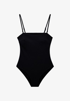 Maillot de bain noir une pièce avec des bretelles fines, présentant une texture lisse et un design minimaliste, conçu pour s'ajuster confortablement.