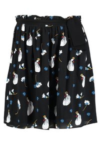 Svart kjol med ett mönster av vita svanar med kronor, röda näbbar och blå blommor. Elastisk midja med en knytbåge.