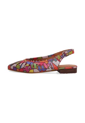 Colorful slingback flat with a pointed toe, featuring a mosaic pattern of red, green, purple, and yellow. Brown sole and strap detail.