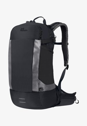 Zaino nero con tessuto testurizzato, dettagli riflettenti, spallacci regolabili e scomparti multipli per lo stoccaggio. Design elegante e funzionale.