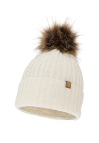 Berretto lavorato a maglia bianco con risvolto e un grande pompon in pelliccia marrone sulla cima. Presenta un piccolo etichetta con logo sul lato.