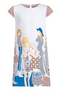 Kurzärmliges Baumwollkleid in Weiß mit bunten Illustrationen von Frauen. Mit gemusterten Ärmeln in Orange und Blau. Glatte Textur.